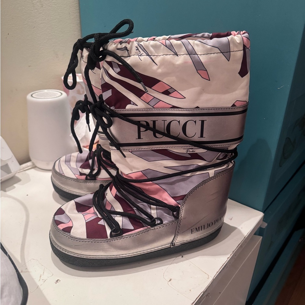 Emilio Pucci Pink and Silver Patterned Lace-Up Winter Boots